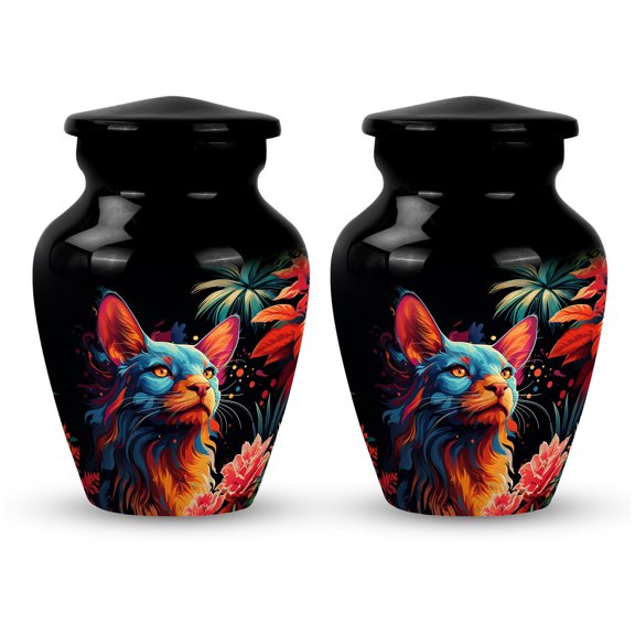 Vibrant Whiskers Amidst Floral Hues - Petite Burial Urn for Ground - Mini Cremation Keepsake for Ashes - Adult Ashes Respect - Urns For Human Ashes Adult - 3 Inch, Set Of 2