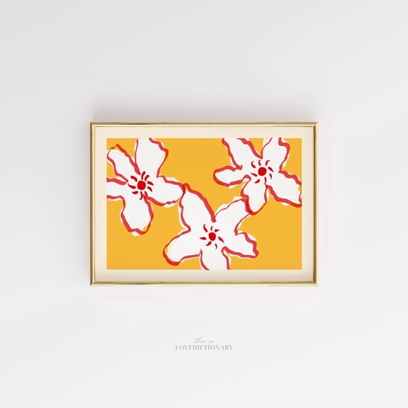 Vibrant White Flowers Yellow Wall Art Modern Botanical, Unframed Paper Print Size 8x12