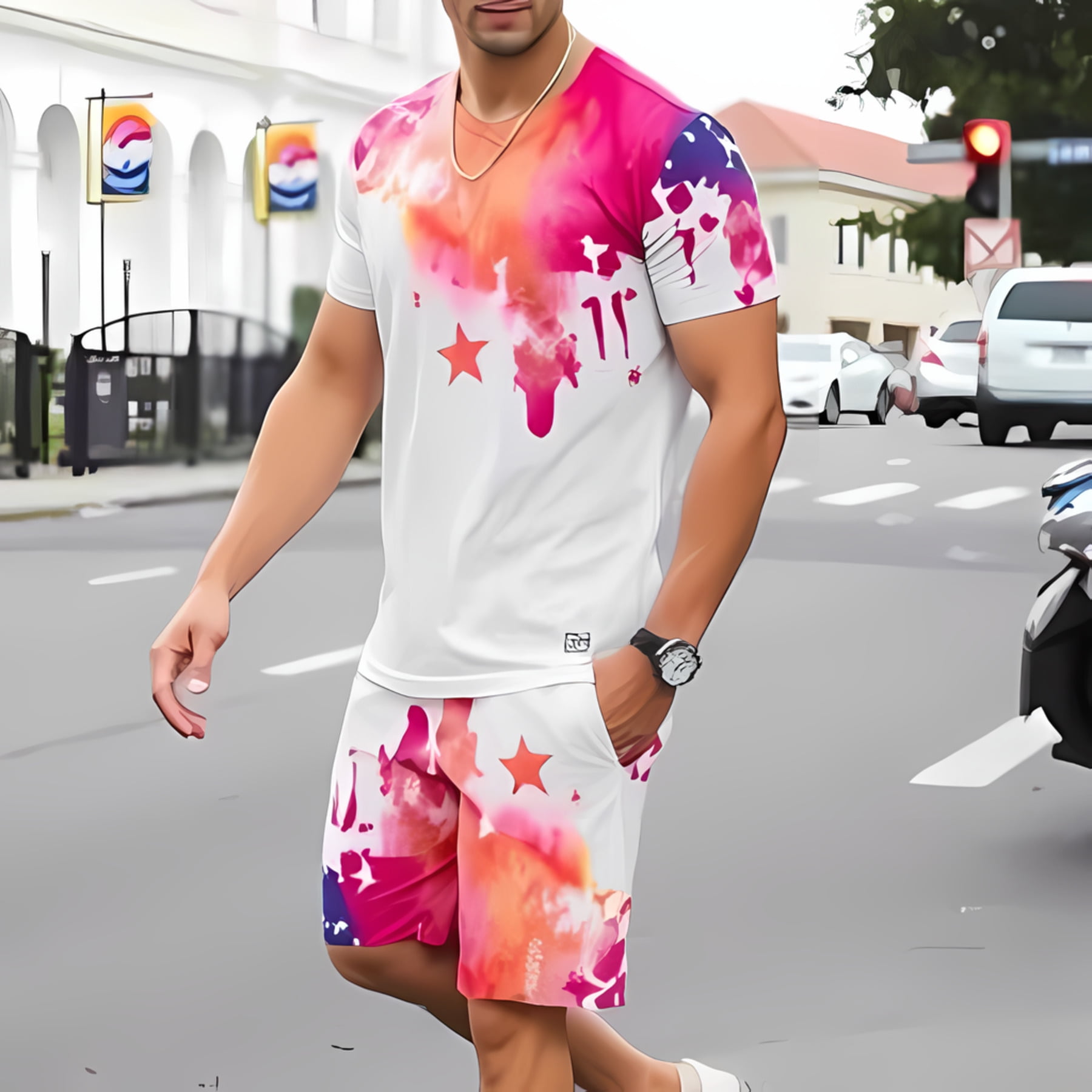 Vibrant White T-Shirt and Shorts Set with Pink and Orange Splash ...