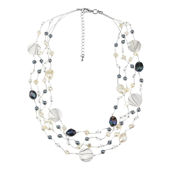 Vibrant White Tones Pearl Zebra Pattern Seashells Multi-Strand Necklace