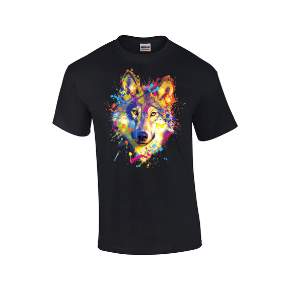 Vibrant Wild Neon Wolf Splatter Predator Alpha Symbolism Short Sleeve Unisex Graphic T-Shirt-Black-6xl