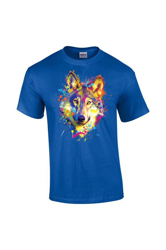 Vibrant Wild Neon Wolf Splatter Predator Alpha Symbolism Short Sleeve Unisex Graphic T-Shirt-Royal-small