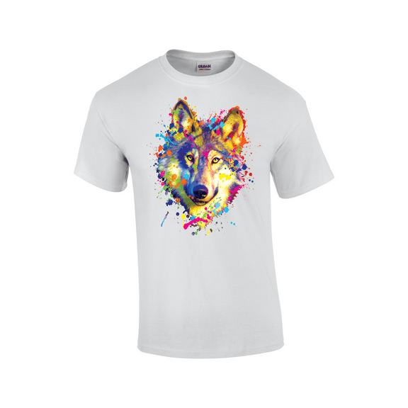 Vibrant Wild Neon Wolf Splatter Predator Alpha Symbolism Short Sleeve Unisex Graphic T-Shirt-White-5xl