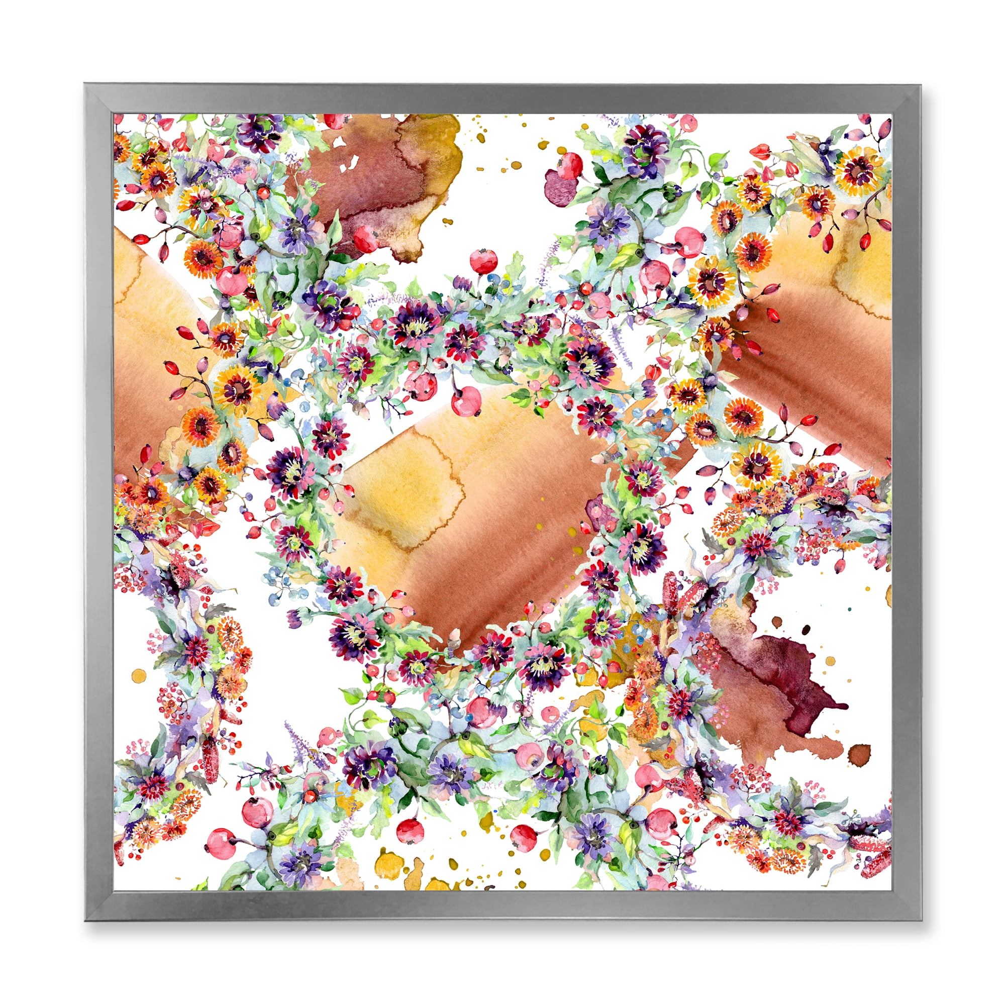 Vibrant Wild Spring Leaves, Berries and Wildflowers 16 in x 16 in Framed Painting Canvas Art Print, by Designart