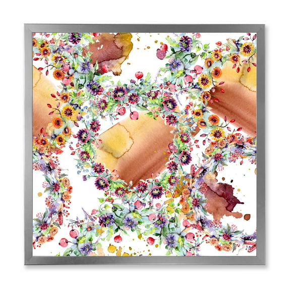 Vibrant Wild Spring Leaves, Berries and Wildflowers 16 in x 16 in Framed Painting Canvas Art Print, by Designart
