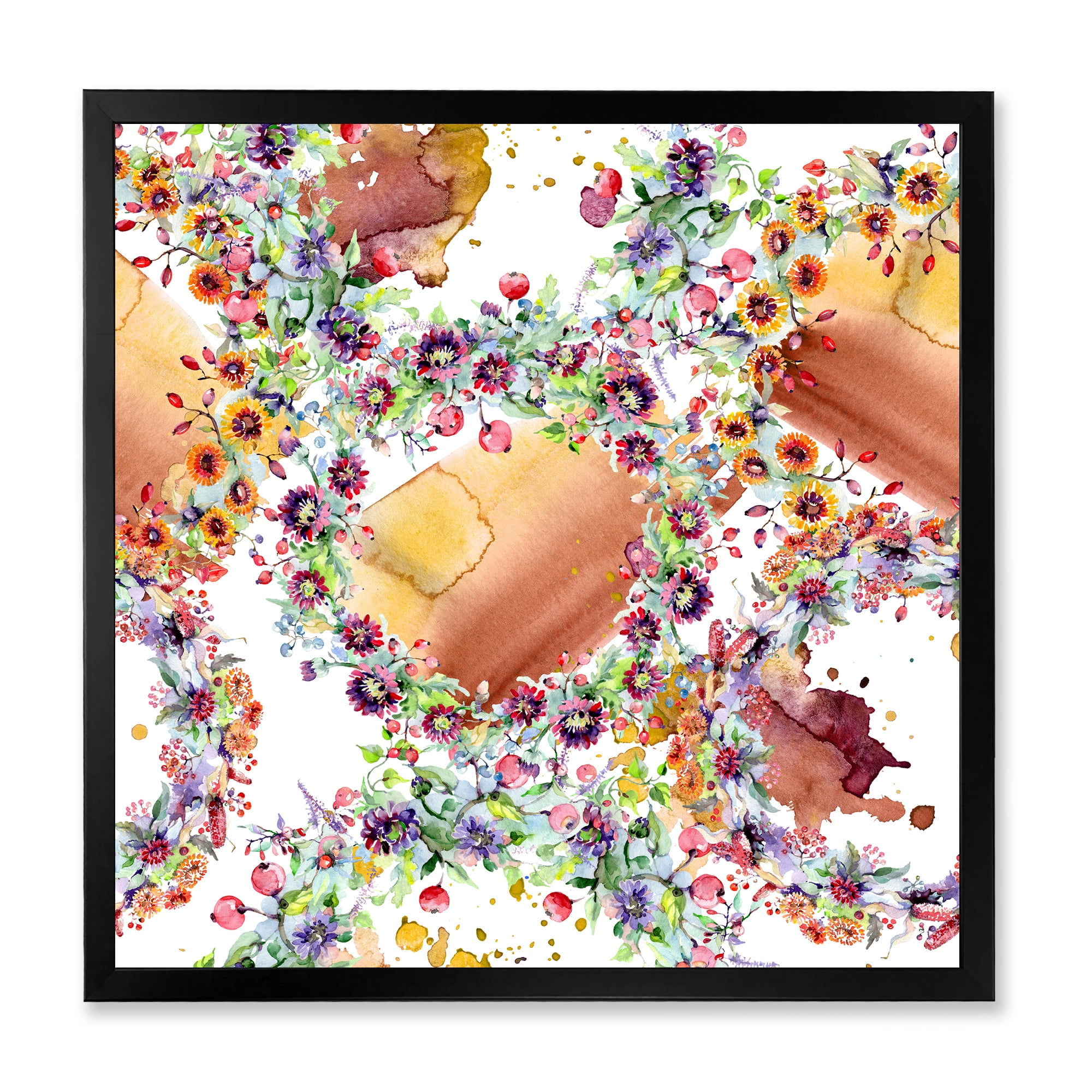 Vibrant Wild Spring Leaves, Berries and Wildflowers 16 in x 16 in Framed Painting Canvas Art Print, by Designart