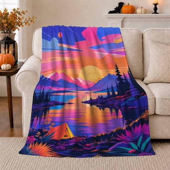 Vibrant Wilderness Tent At Sunset Psychedelic Nature Scene, Rustic Camping Scene, Warm Flannel Blanket for Cabin and Lodge, Outdoor Lovers Camping Gift, Rustic Home Decor