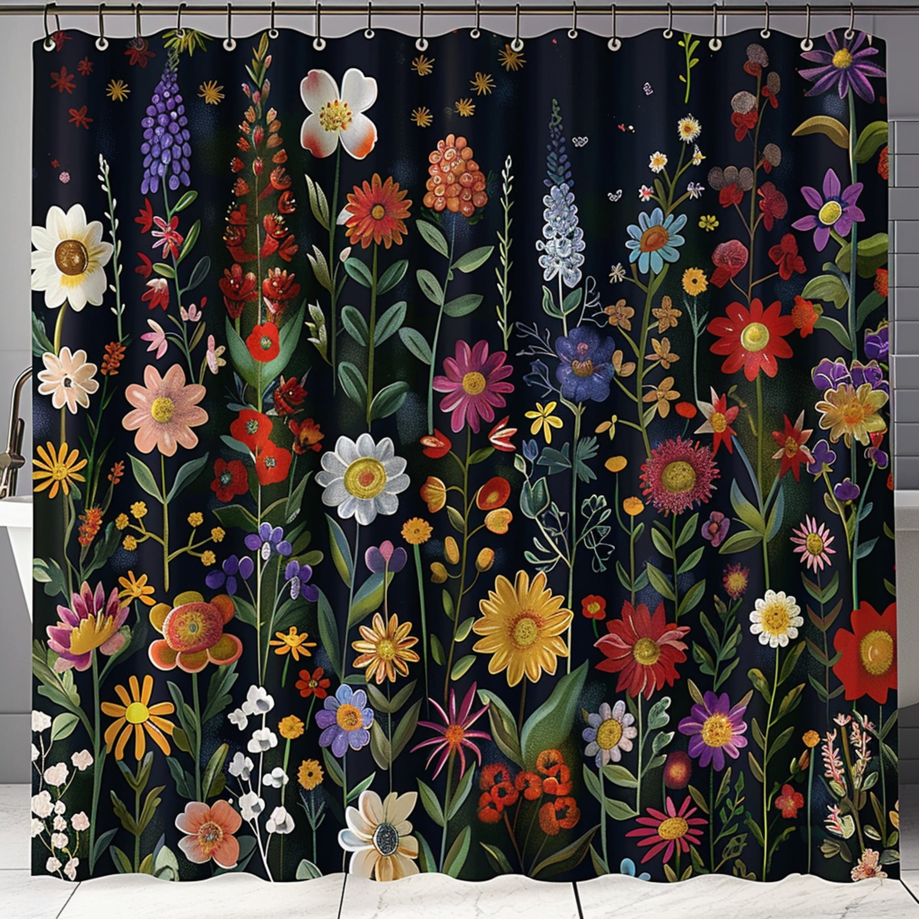 Vibrant Wildflower Folk Art Shower Curtain Detailed Realistic Design on