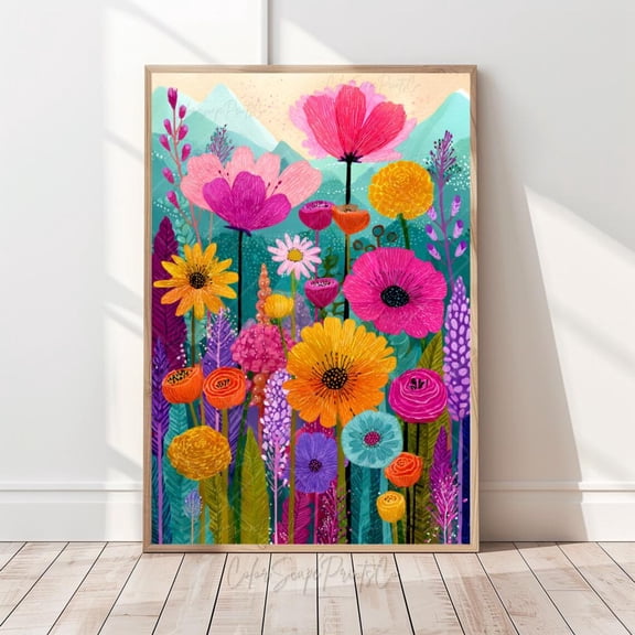 Vibrant Wildflower Garden Art Print, Unframed Paper Poster 24x36in