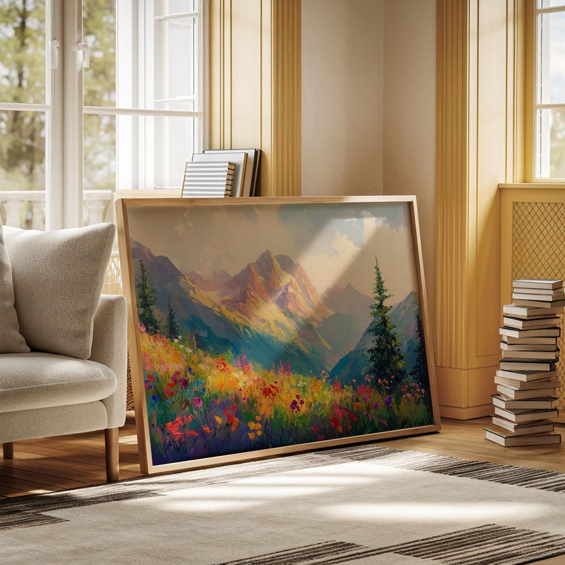 Vibrant Wildflower Meadow Art – Colorful Alpine Landscape With Majestic ...