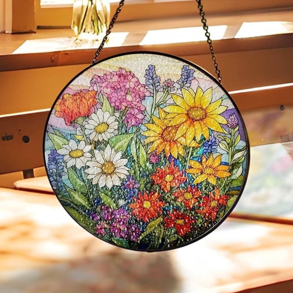 Vibrant Wildflower Meadow Suncatcher, Glass-Effect Round Botanical Window Panel