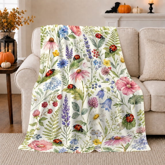 Vibrant Wildflower Meadow Watercolor Scene Cheerful, Cozy Botanical Garden Scene, Warm Flannel Blanket for Sunroom and Reading Nook, Garden Lovers Thank You Gift, Botanical Home Decor
