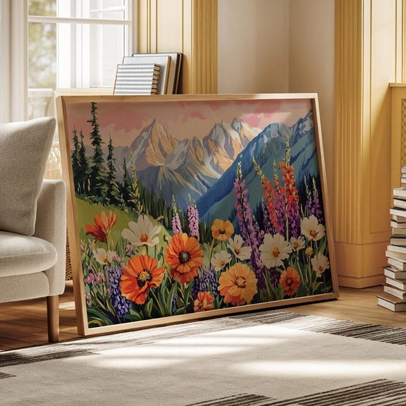 Vibrant Wildflower Mountain View – Colorful Floral Landscape Art Print With Alpine Peaks And Meadow Bloom At Sunset Wall Art, Modern Wall Decor, 8x12 UNFRAMED