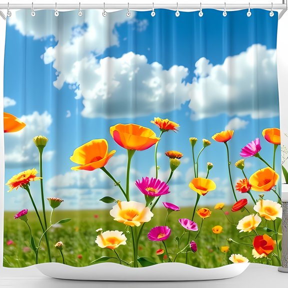 Vibrant Wildflower Shower Curtain Colorful Floral Design with Blue Sky & Clouds Perfect Bathroom Decor
