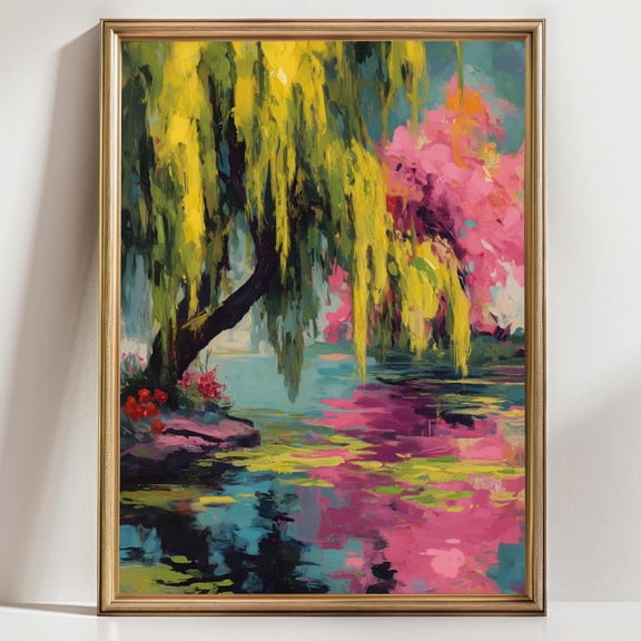 Vibrant Willow Tree Art Colorful Impressionist Landscape Bold Nature Wall Decor