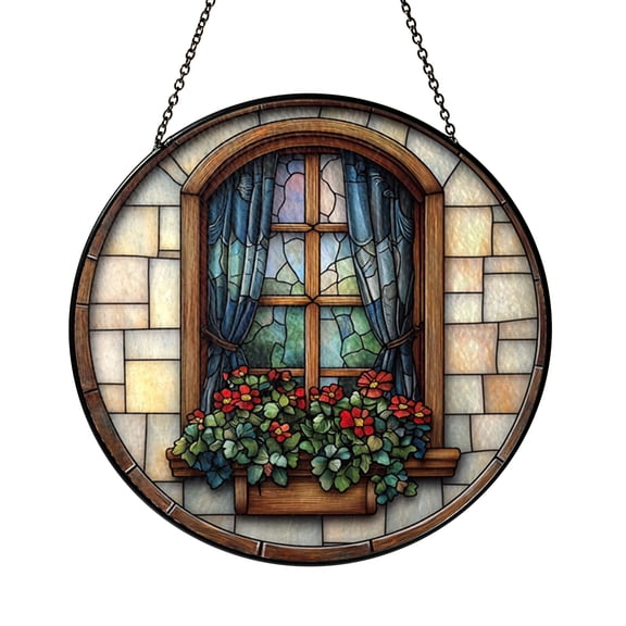 Vibrant Window View Floral Curtain Stained Glass Round Window Hanging, Nature-Themed Home Decor, Gift Idea for Housewarming
