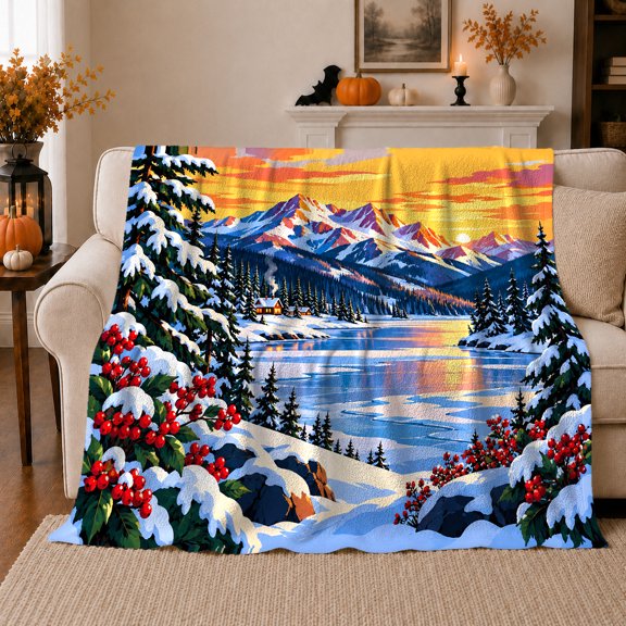 Vibrant Winter Mountain Lake Sunrise Scene Snowy Pines, Peaceful Mountain Lake Scene, Warm Flannel Blanket for Cabin and Lodge, Outdoor Lovers Camping Gift, Rustic Home Decor