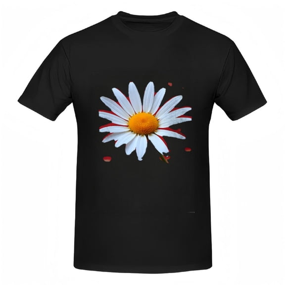 Vibrant Women's Cotton Short Sleeve T-Shirt with Striking White Daisy Design Red Accents & Yellow Center Perfect for Casual Style