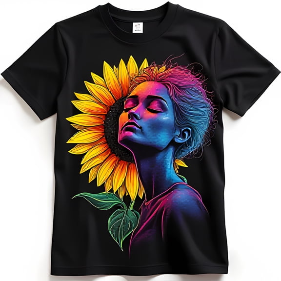 Vibrant Women's Face Emerging from Sunflower Graphic Black T-Shirt