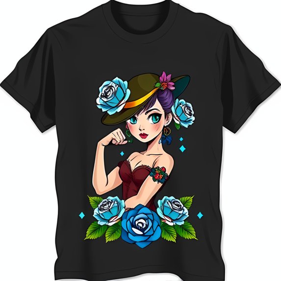 Vibrant Women's Graphic T-Shirt: Blue Eyed Beauty in Red Dress & Floral Hat