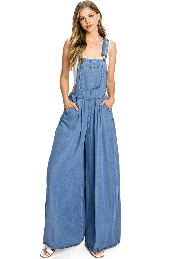 Vibrant Women's Jumpsuit Wide-Leg Super Flare Chambray Overalls (Medium, Medium Denim)