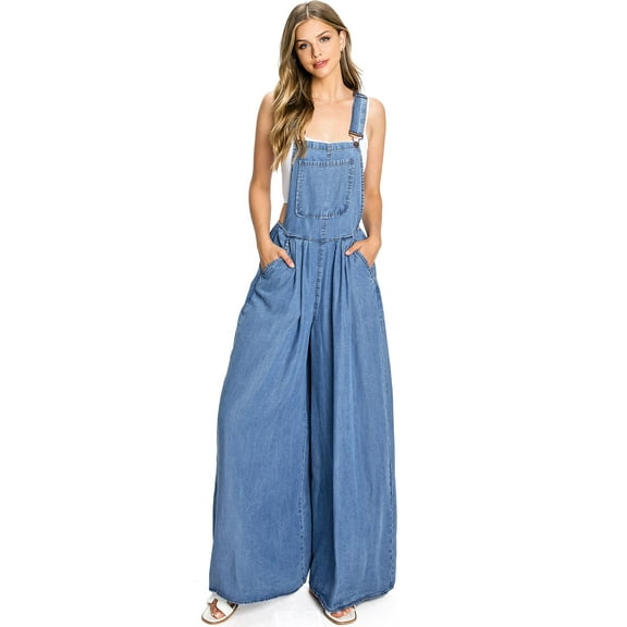 Vibrant Women's Jumpsuit Wide-Leg Super Flare Chambray Overalls (Small, Medium Denim)