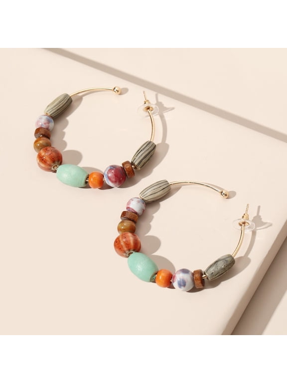 Vibrant Wooden Bead Hoop Earrings - Retro Ethnic Style Jewelry with Colorful Decorations - Trendy Holiday Ear Ornaments for Women, Unique Gift Idea