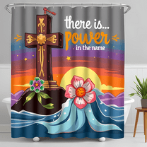 Vibrant Wooden Cross Shower Curtain with Sunset & Flower Design - Faith Bathroom Decor