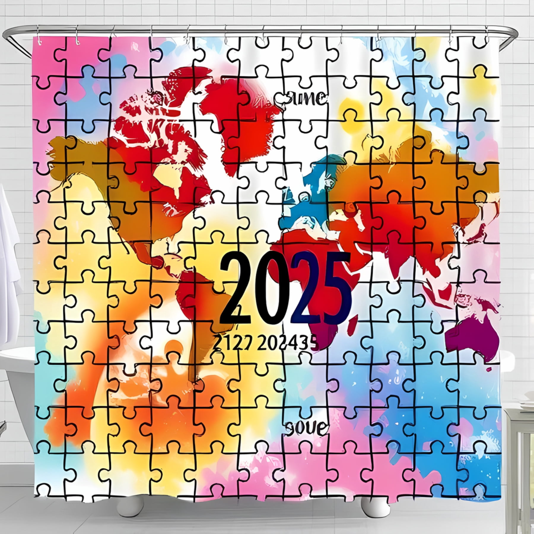 Vibrant World Map Shower Curtain Colorful Watercolor Design with 2025 ...