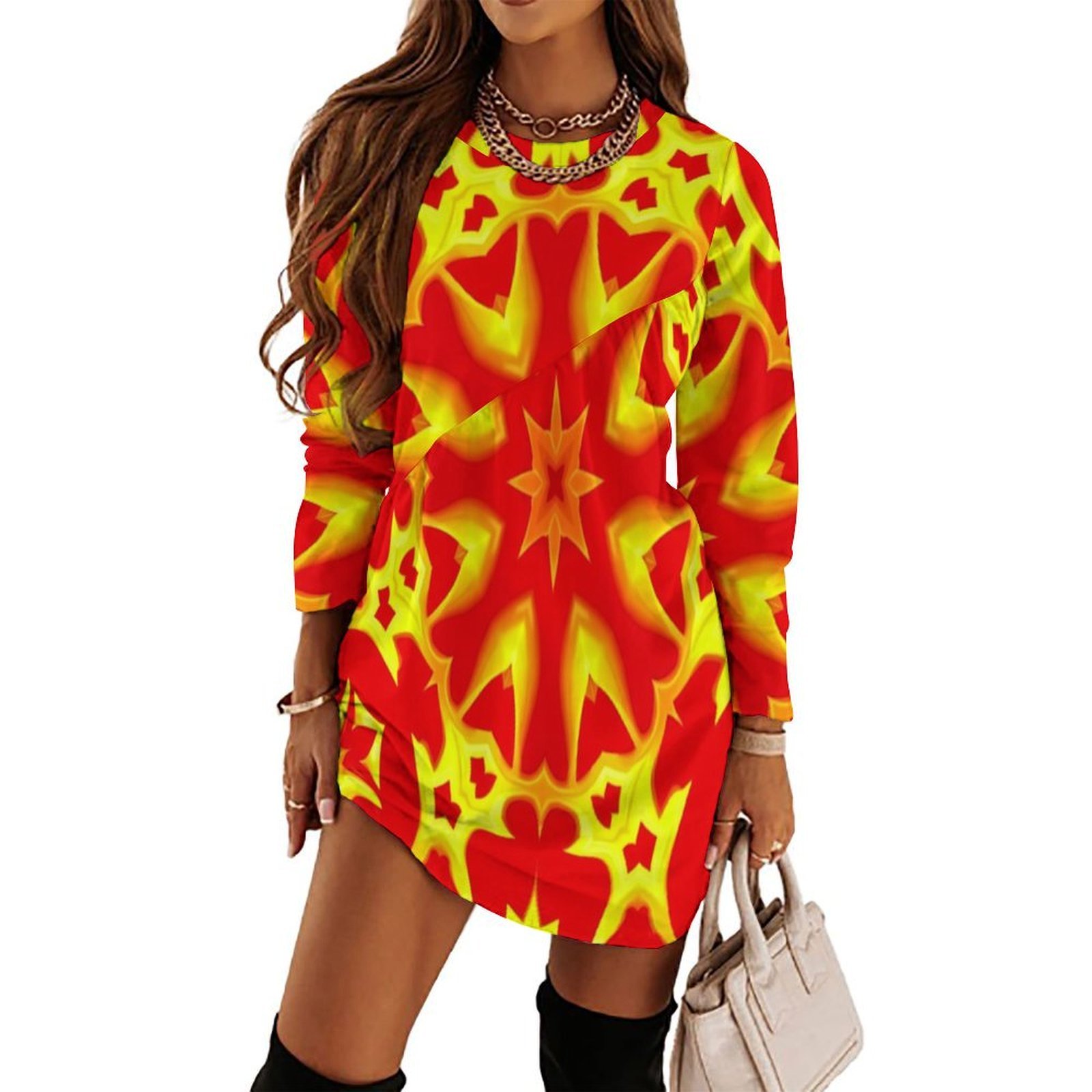 Vibrant Yellow And Red Pattern Loose Dress Evening Dress Summer Dresses ...