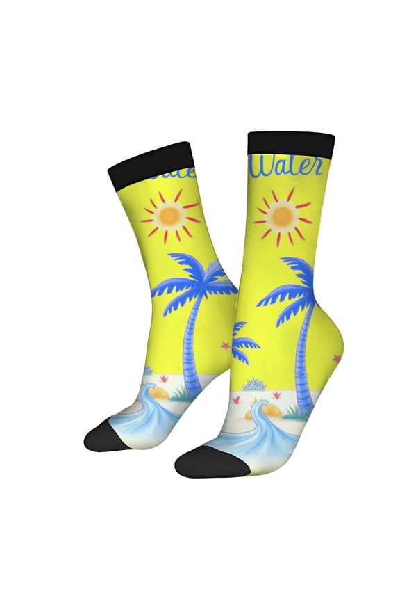 Vibrant Yellow & Blue Palm Tree Socks - 2 Pairs of Unisex Trendy Socks with Sun River and Floral Design - Perfect for All Seasons