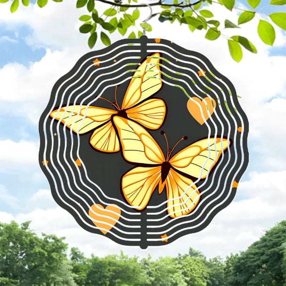 Vibrant Yellow Butterfly Metal Wind Spinner & Chime - Intricate Patterns Whimsical Hearts & Stars for Garden Decor