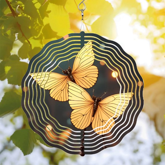 Vibrant Yellow Butterfly Metal Wind Spinner & Chime - Symmetrical Design with Concentric Lines for Tranquil Garden Decor