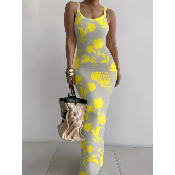 Vibrant Yellow Floral Print Women's Bodycon Dress | Sleeveless, Stretchy, Machine-Washable, Elegant Round Neck | All-Season Casual & Formal Wear, Medium Elasticity