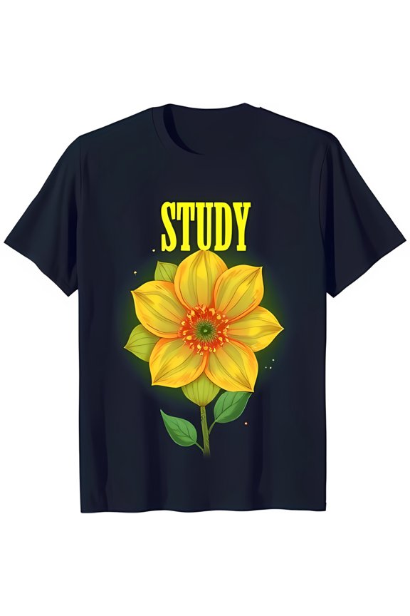 Vibrant Yellow Flower Graphic Black T-Shirt with Bold 'STUDY' Design