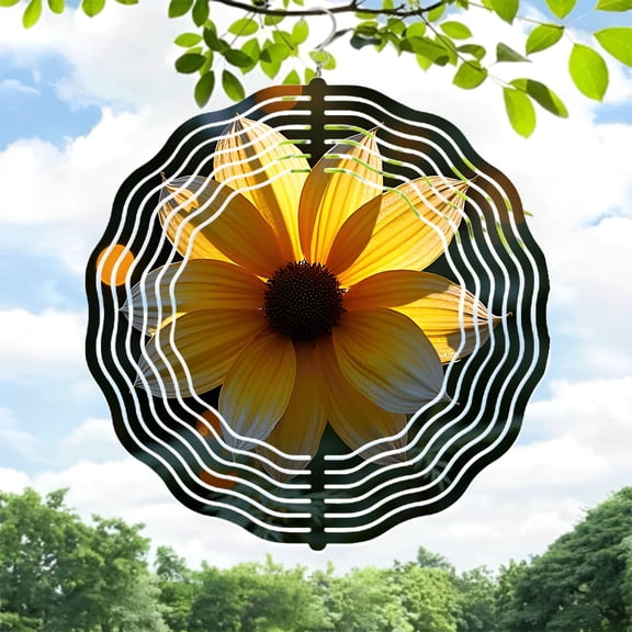 Vibrant Yellow Flower Metal Hanging Wind Spinner - Intricate Petal Design with Concentric White Lines for Yard & Garden Decor
