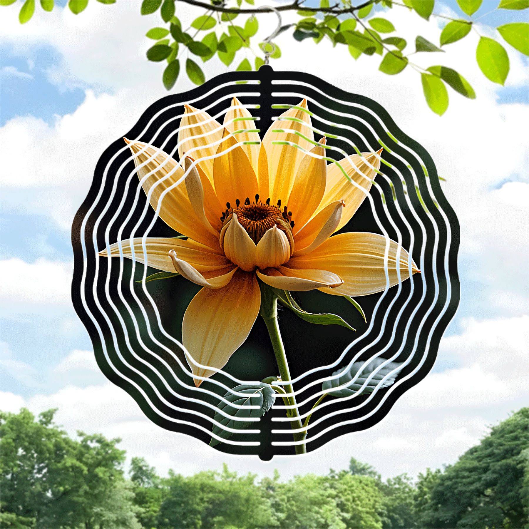 Vibrant Yellow Flower Metal Hanging Wind Spinner with Concentric White ...