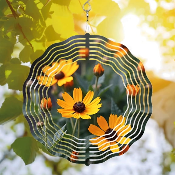 Vibrant Yellow Flower Metal Hanging Wind Spinner with Dark Centers & White Concentric Lines - Perfect for Yard & Garden Decor