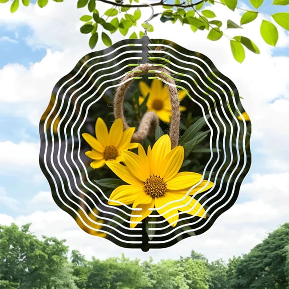 Vibrant Yellow Flower Metal Hanging Wind Spinner with Rustic Rope Concentric White Line Pattern for Yard & Garden Decor