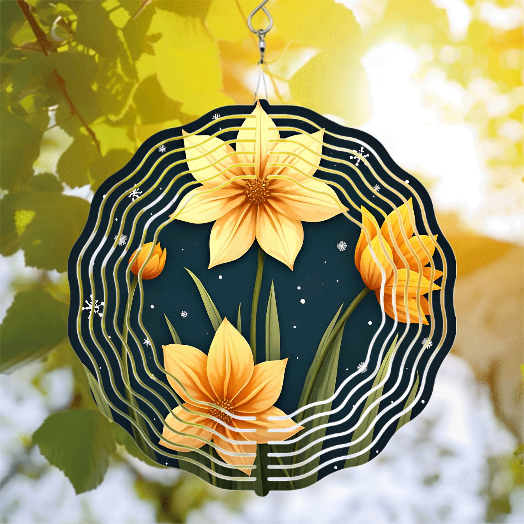 Vibrant Yellow Flower Metal Hanging Wind Spinner with Wave Pattern ...