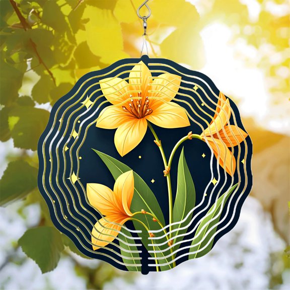 Vibrant Yellow Flower Metal Wind Spinner & Chime - Celestial Design with Stars & Concentric Lines for Garden Decor