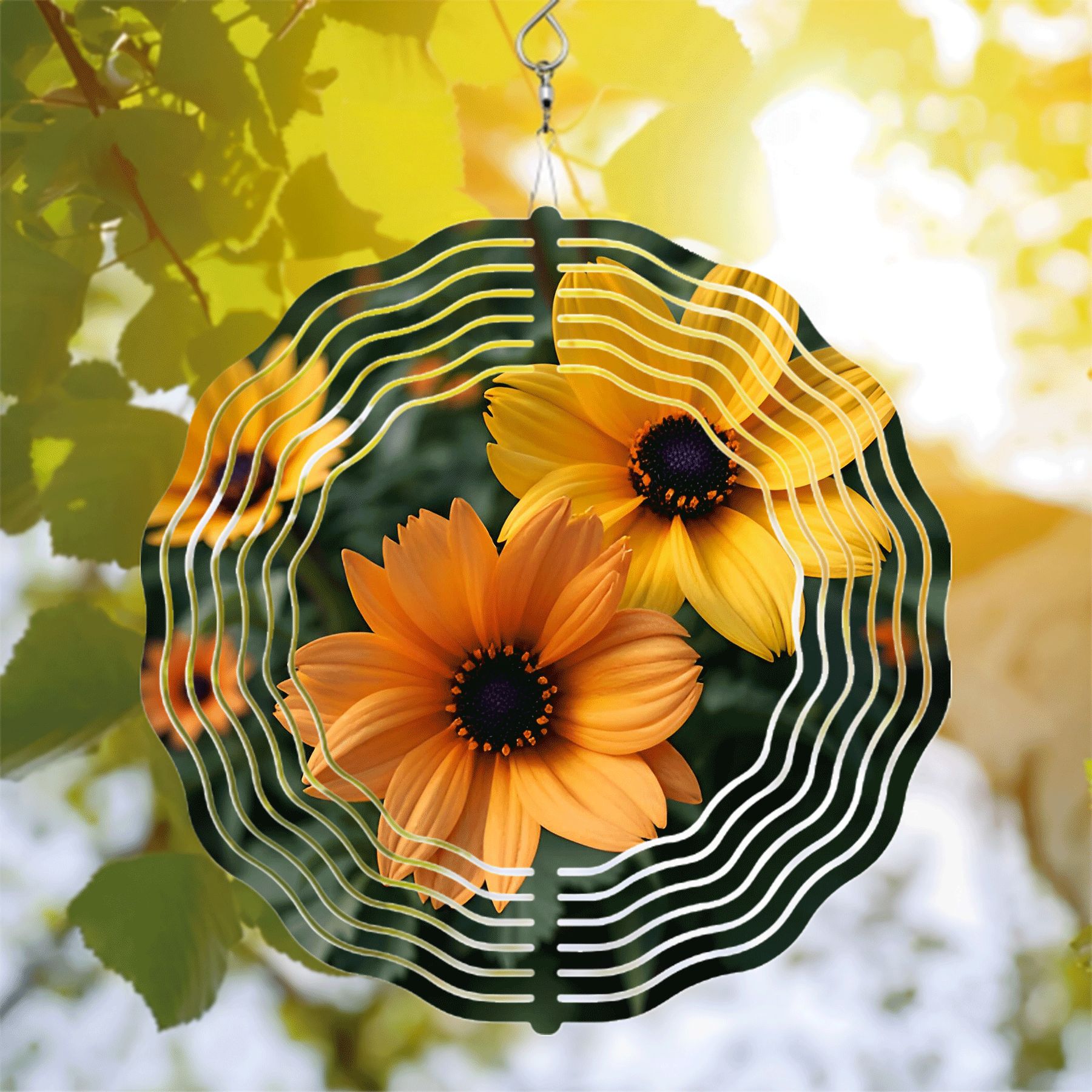 Vibrant Yellow Flower Metal Wind Spinner with Abstract White Circular ...