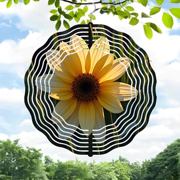 Vibrant Yellow Flower Metal Wind Spinner with Abstract White Circular Pattern - Perfect for Yard and Garden Decor