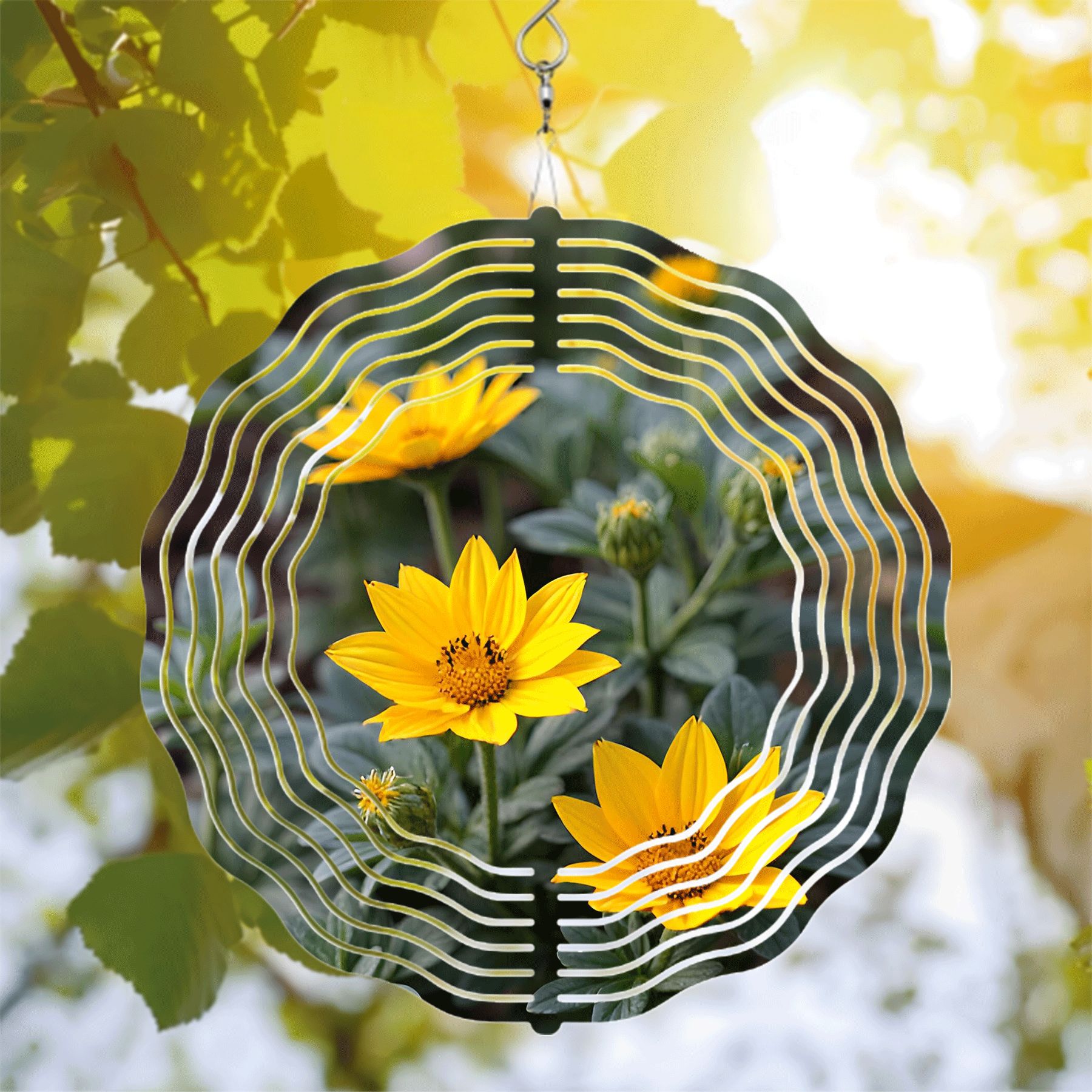Vibrant Yellow Flower Metal Wind Spinner with Black Centers & White ...