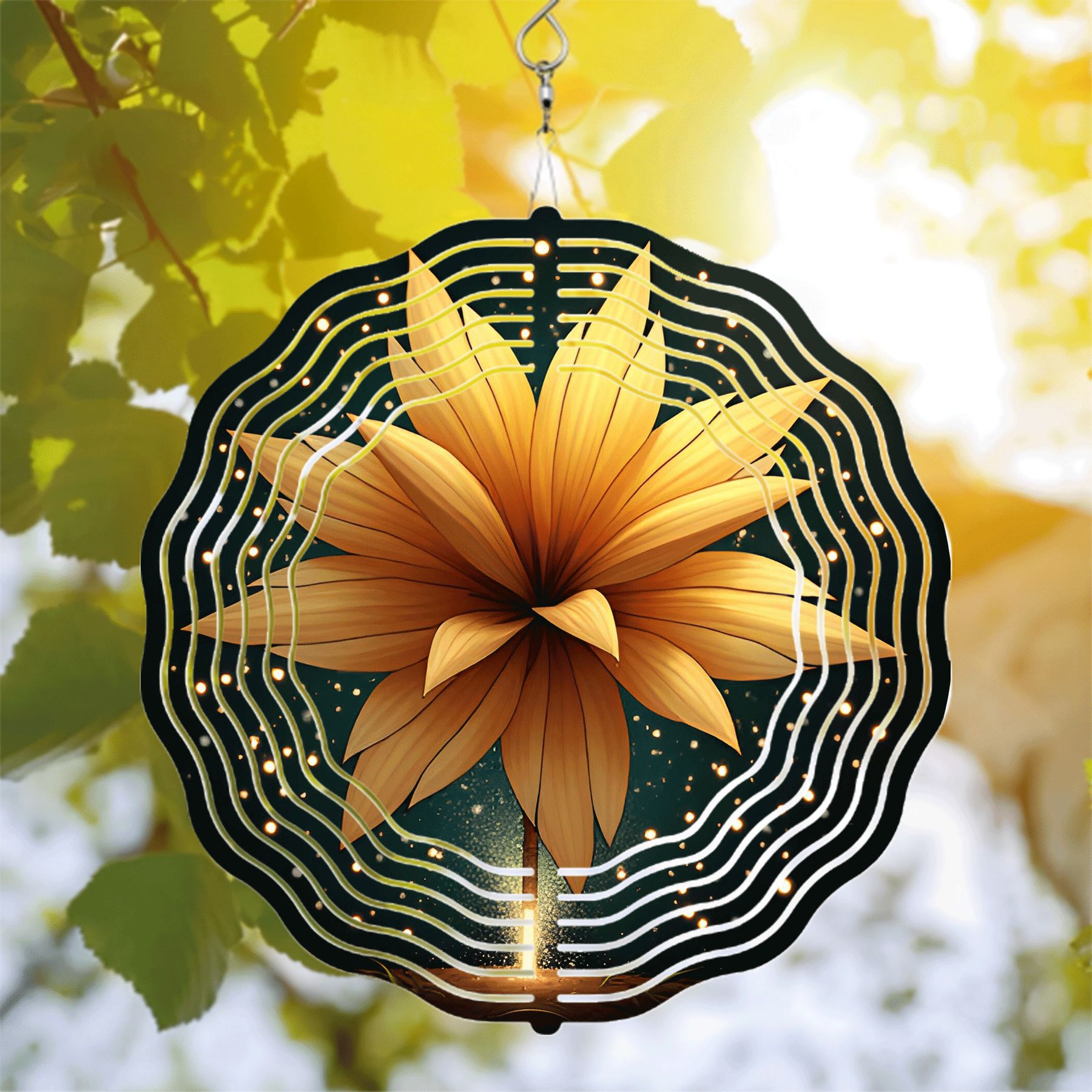 Vibrant Yellow Flower Metal Wind Spinner with Concentric White Lines ...