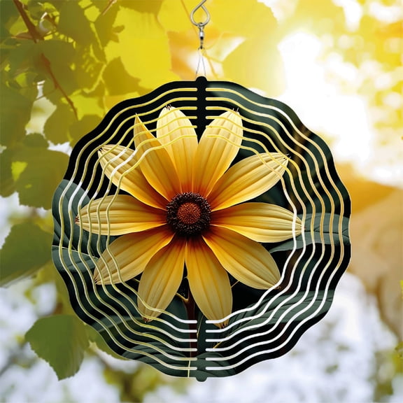 Vibrant Yellow Flower Metal Wind Spinner with Dark Brown Center & Wave - Like White Lines - Perfect for Yard & Garden Decor