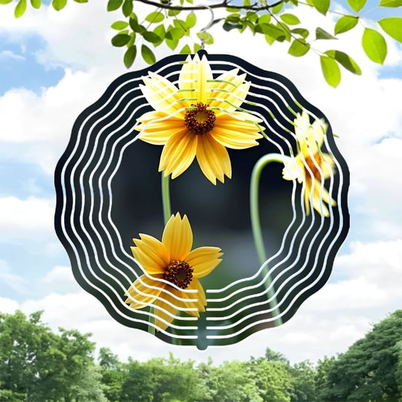 Vibrant Yellow Flower Metal Wind Spinner with Dark Center & Abstract White Circular Pattern - Perfect for Yard & Garden Decor