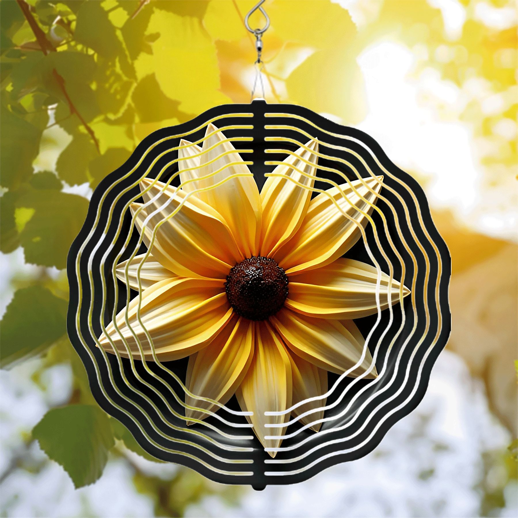 Vibrant Yellow Flower Metal Wind Spinner with Dark Center & White ...