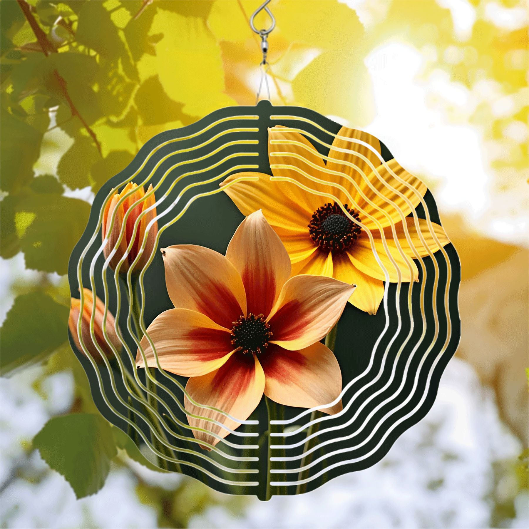 Vibrant Yellow Flower Metal Wind Spinner with Red Streaks & White ...