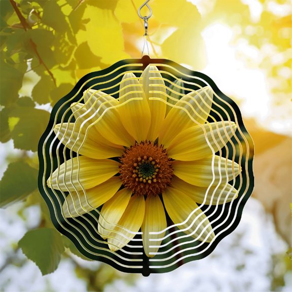 Vibrant Yellow Flower Metal Wind Spinner with Textured Brown Center & Wave - Like White Circles - Perfect for Yard & Garden Decor